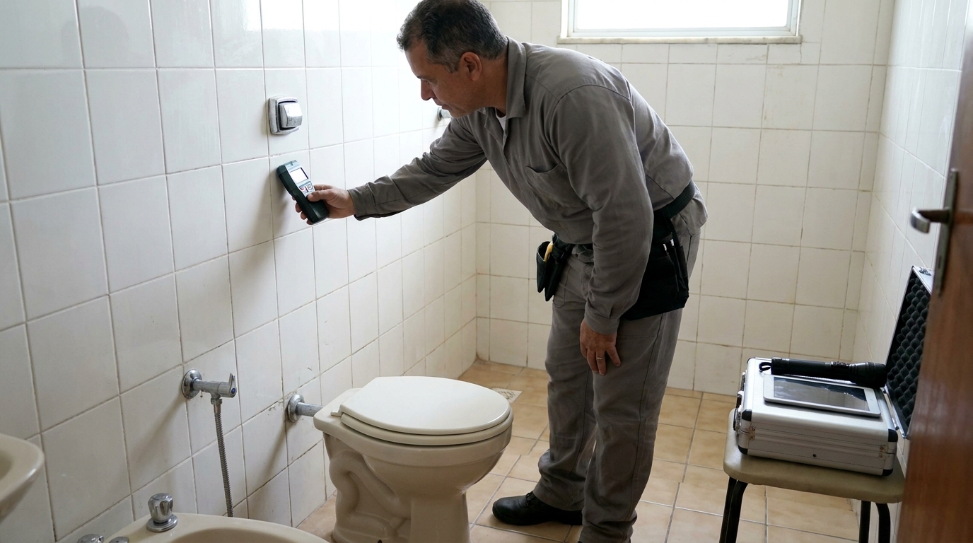 Técnico de caça vazamento analisando tubulação em Natal‑RN